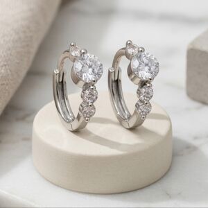 Dainty Sterling Silver CZ Huggie Hoop Earrings 0.45" Minimalist Stacking